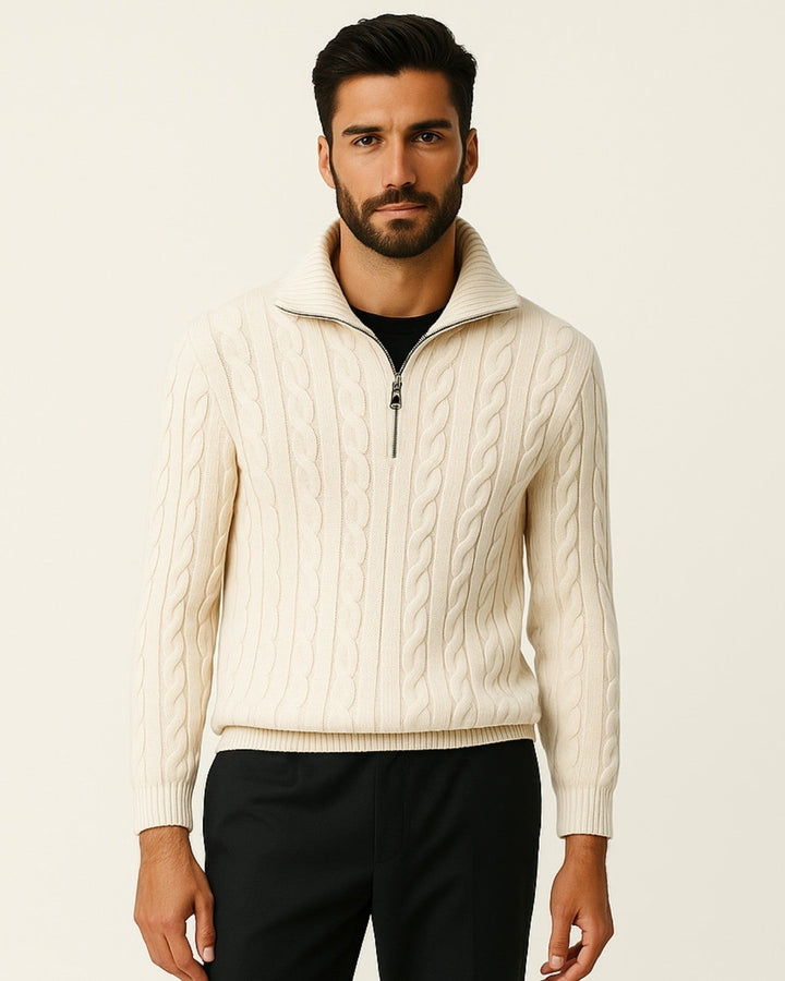 Caldo maglione uomo con mezza zip e trecce fitte, ideale per un look elegante o casual in autunno inverno.