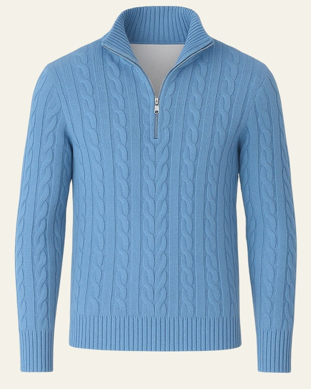 Maglione uomo autunno inverno con mezza zip, design a trecce e stile elegante. Abbigliamento maschile caldo.