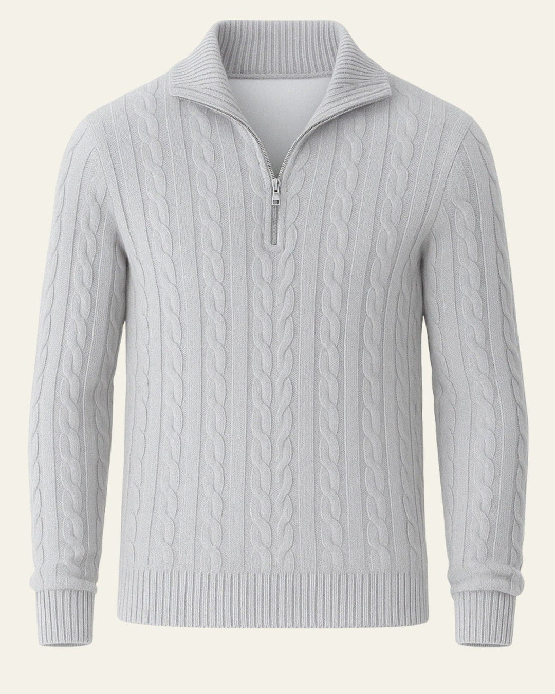 Dettaglio: Maglione uomo con mezza zip e motivo a trecce fitte intrecciate, maglieria calda per l'inverno.