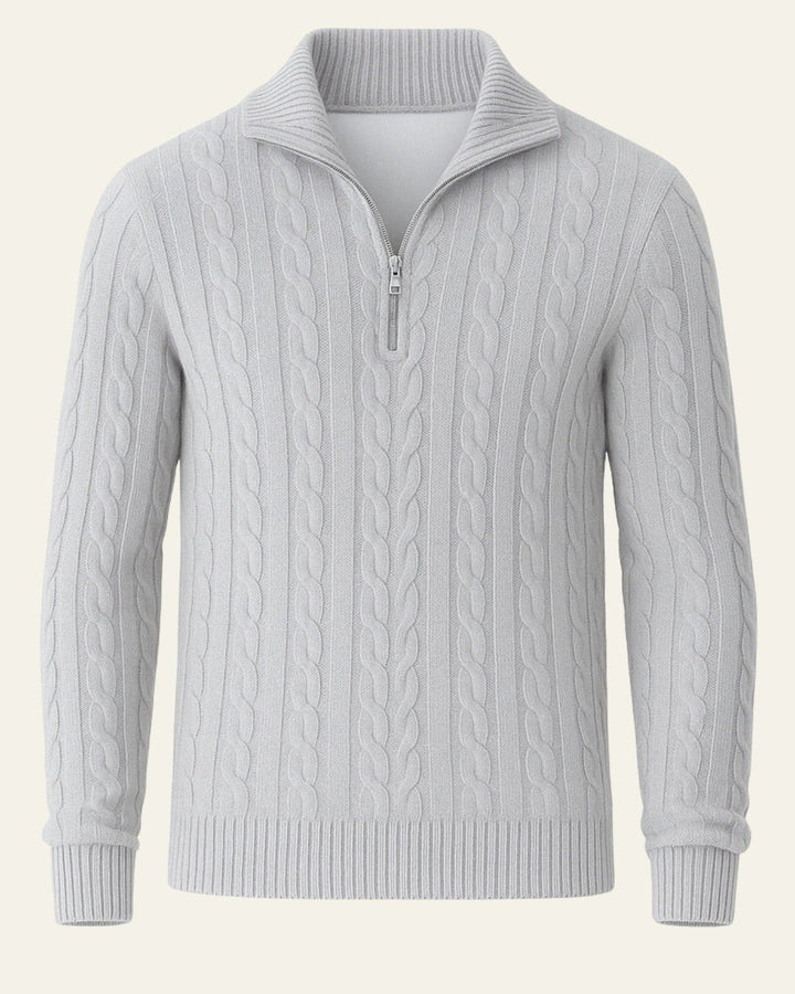 Dettaglio: Maglione uomo con mezza zip e motivo a trecce fitte intrecciate, maglieria calda per l'inverno.