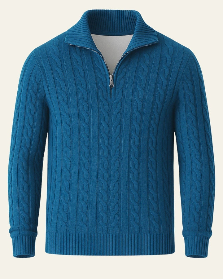 Maglione uomo con mezza zip, trecce fitte intrecciate, design elegante e caldo per l'autunno inverno. Moda.