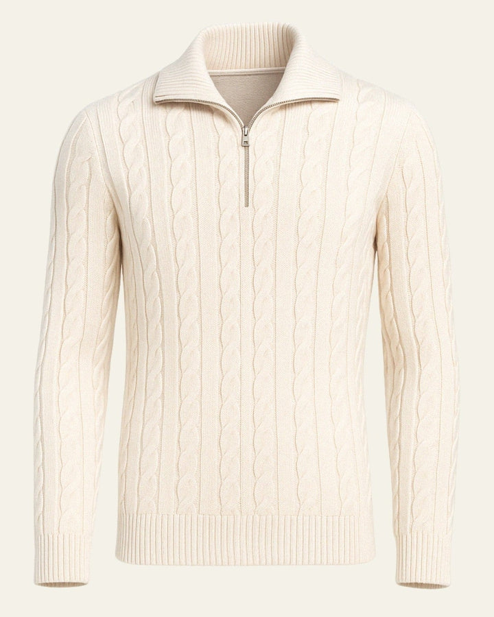 Maglione uomo elegante autunno inverno con mezza zip e raffinato motivo a trecce intrecciate, perfetto per moda maschile.