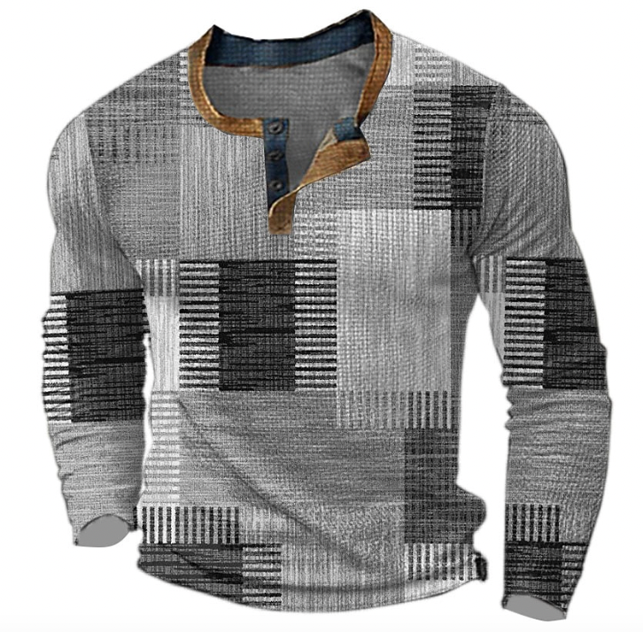 Pullover uomo geometrico con scollo a bottoni, maniche lunghe, versatile per un look casual elegante.