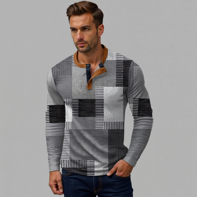 Maglione uomo a maniche lunghe con scollo a bottoni e fantasia geometrica, per eleganza casual.