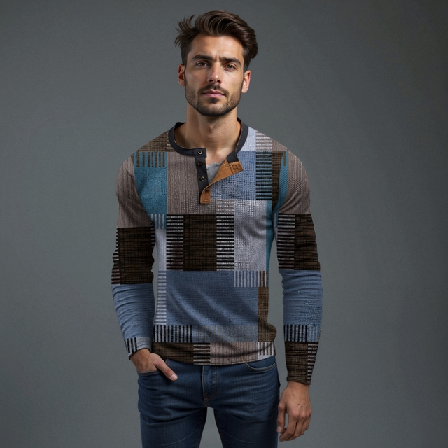 Dalla nuova collezione, maglione uomo geometrico con scollo a bottoni, design moderno per comfort.