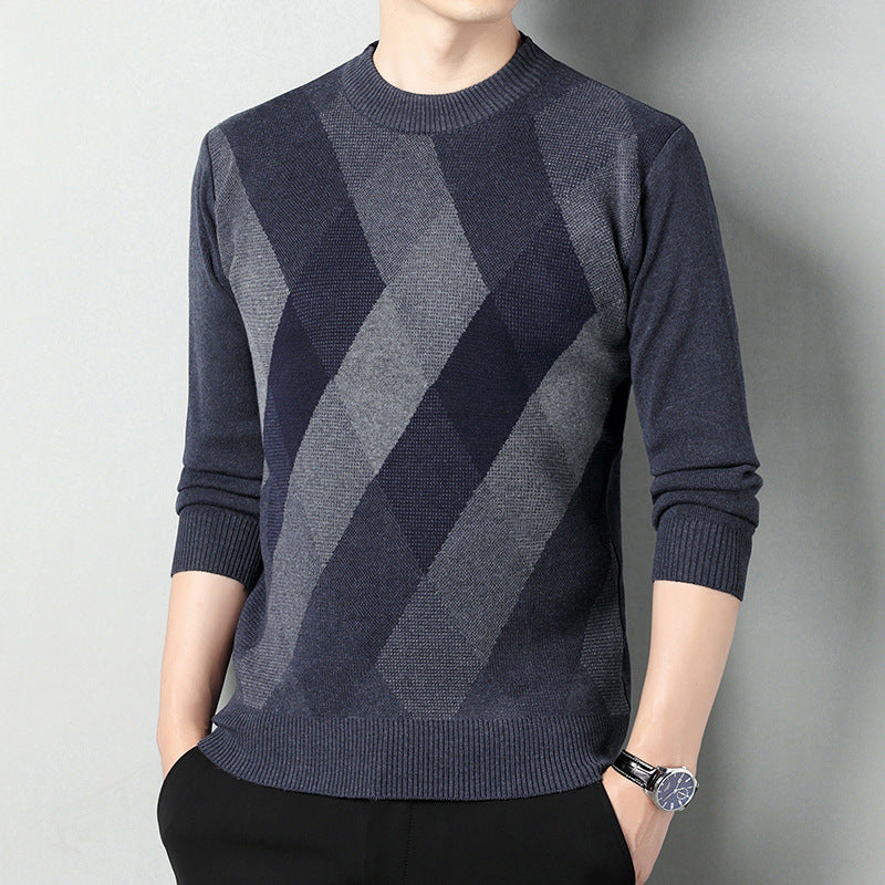 Pullover uomo girocollo in maglieria calda con moderno motivo geometrico. Perfetto per un look casual ed elegante invernale.