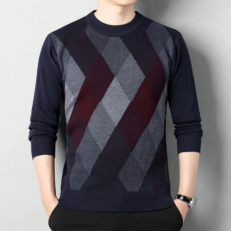 Maglione uomo girocollo geometrico con pattern moderno, caldo e confortevole. Abbigliamento maschile per stile casual.