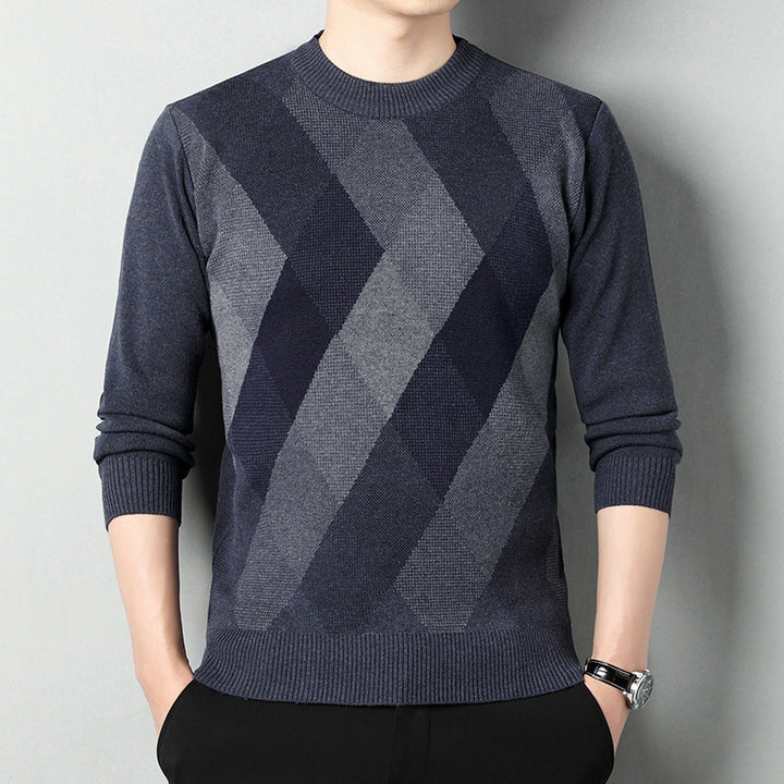 Maglione uomo caldo girocollo con elegante fantasia geometrica. Pullover maschile perfetto per l'inverno e la moda autunnale.