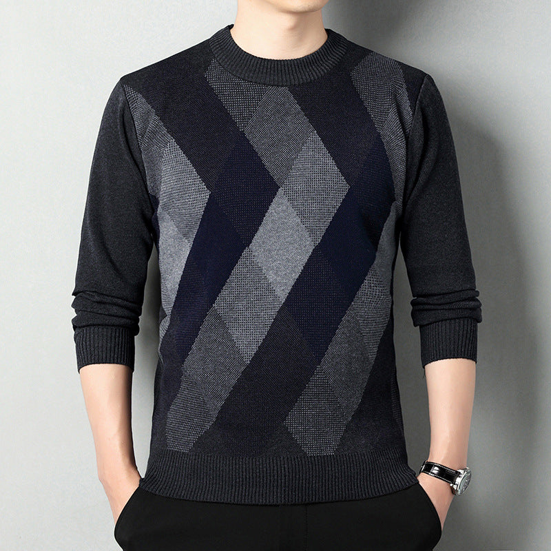 Maglione uomo girocollo geometrico, caldo e alla moda. Ideale per outfit autunnali e casual. Pullover maschile elegante.