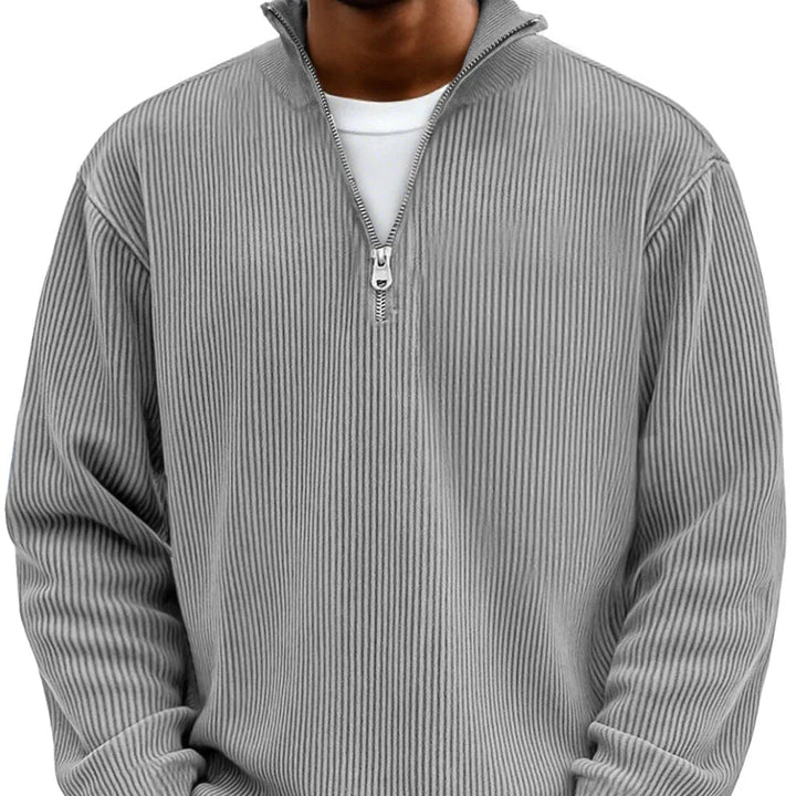 Pullover uomo casual grigio con zip, caldo e versatile per abbigliamento maschile autunno inverno.