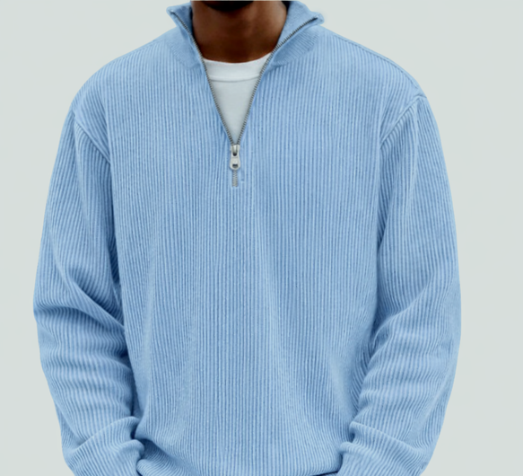 Maglione uomo con zip nero, ideale per autunno/inverno. Versatile e comodo, perfetto per look casual maschili.