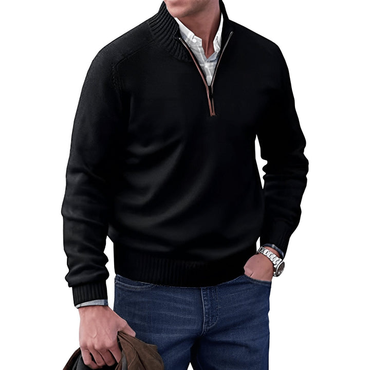 Comodo maglione uomo in maglieria con mezza zip e collo alto, moda autunno inverno.