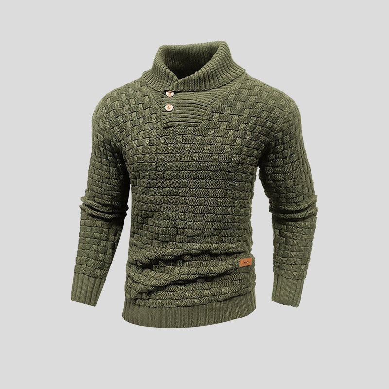 Caldo maglione uomo collo alto intrecciato, perfetto per eleganza casual maschile invernale.