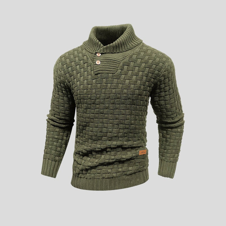 Caldo maglione uomo collo alto intrecciato, perfetto per eleganza casual maschile invernale.