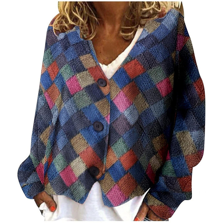 Cardigan donna elegante a quadri con scollo a V e bottoni, perfetto per moda femminile primavera/autunno.