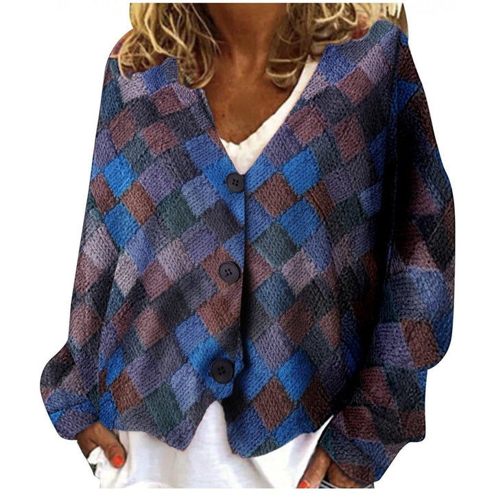 Cardigan donna a quadri con scollo a V e bottoni chic. Un capo versatile e trendy per l'abbigliamento casual.