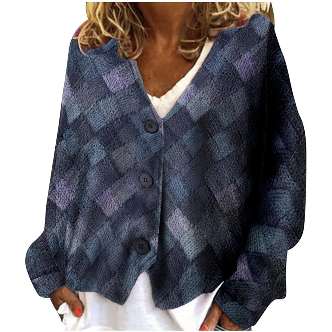 Cardigan da donna a quadri, con scollo a V e bottoni. Ideale per le tendenze moda primavera e autunno.