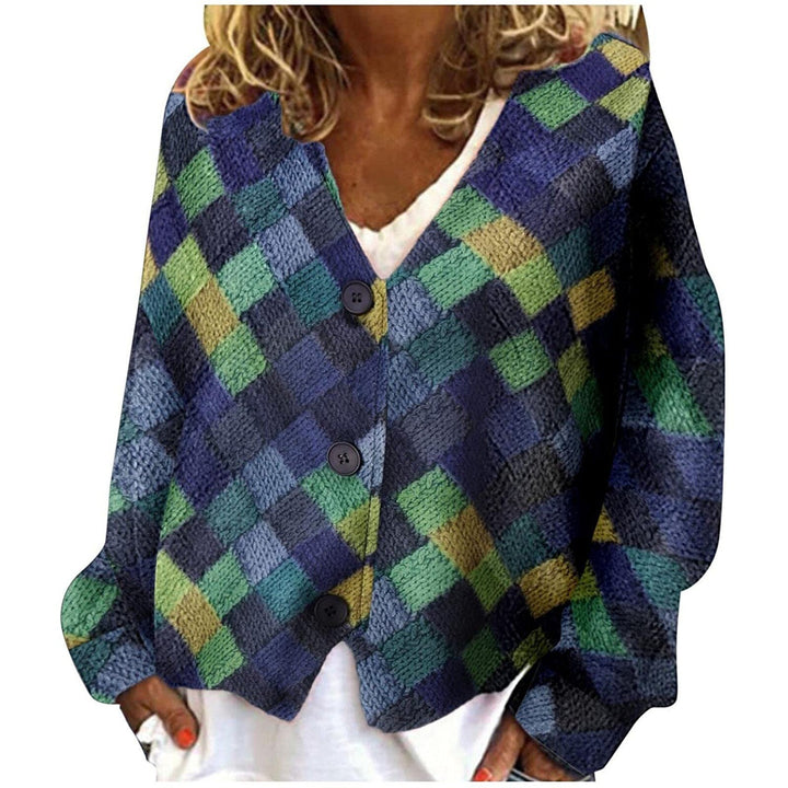 Cardigan donna trendy a quadri con scollo a V e bottoni eleganti. Un must-have per la moda femminile.