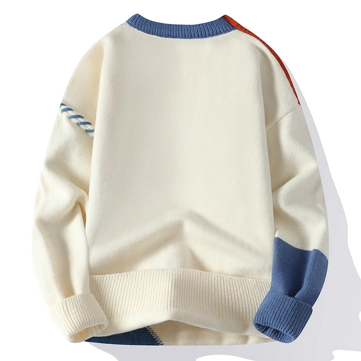Maglione uomo casual-elegante patchwork con cuciture a treccia, perfetto per l'abbigliamento autunnale/invernale.