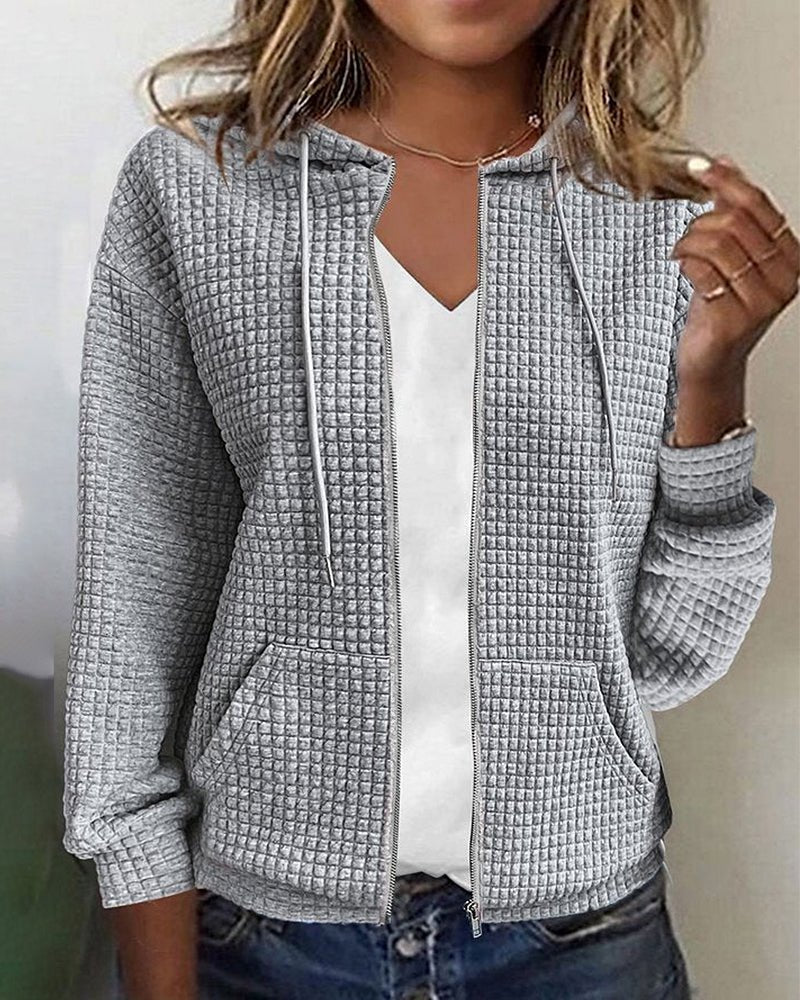 Cardigan donna casual con cappuccio e zip per comfort quotidiano. Perfetto per autunno/primavera.