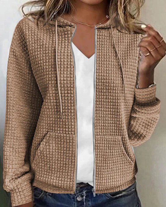 Cardigan donna con cappuccio, zip frontale e maniche lunghe. Abbigliamento versatile per autunno.