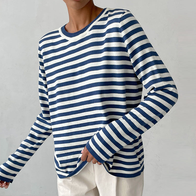 Felpa donna a righe orizzontali, maniche lunghe e girocollo. Top casual comodo per lo stile quotidiano.
