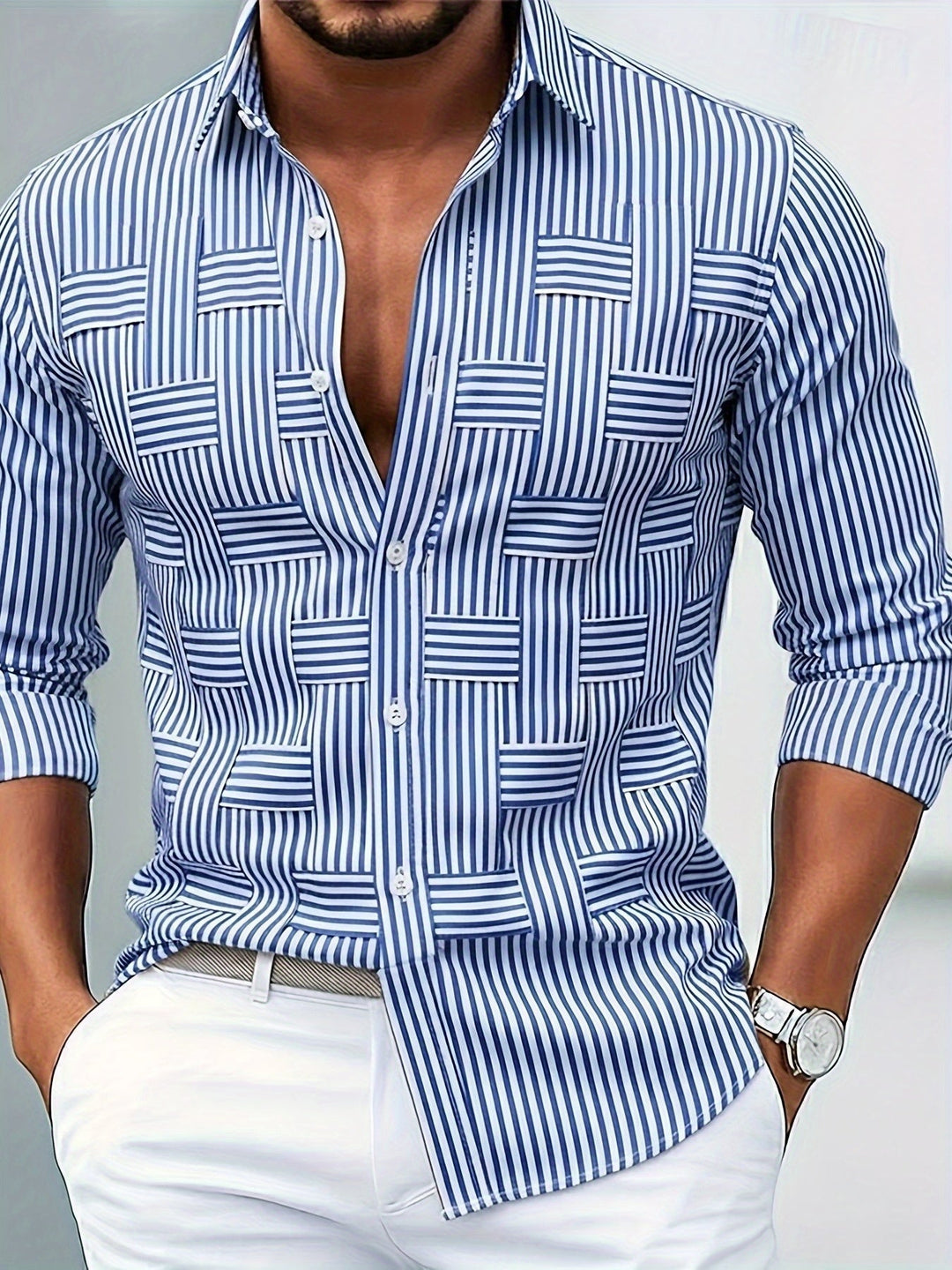Polo uomo a maniche lunghe a righe, colletto classico. Look casual elegante primavera estate per moda maschile.