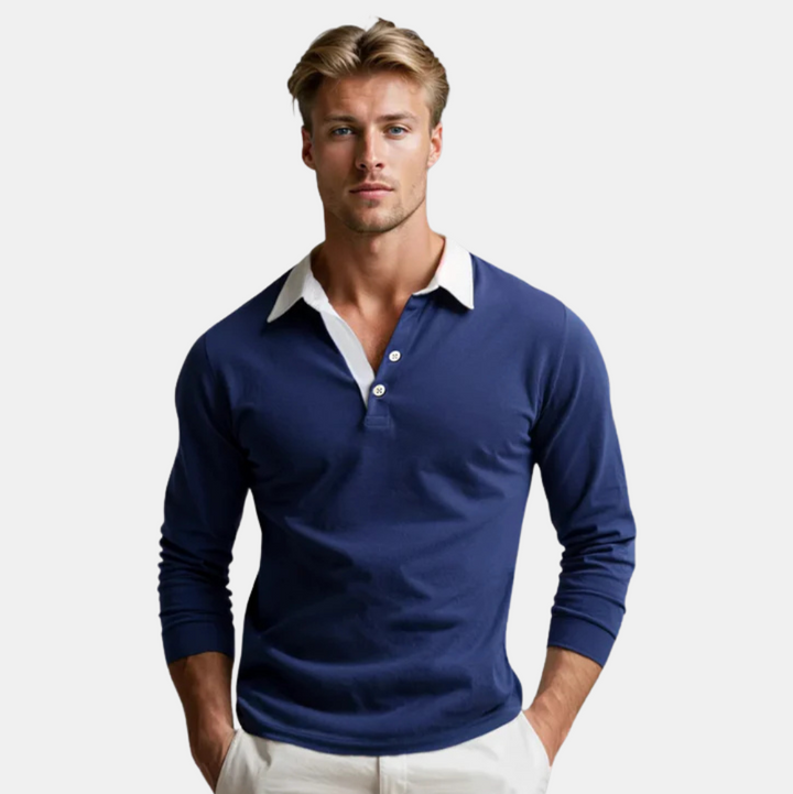 Polo blu da uomo a maniche lunghe con raffinato colletto a contrasto, ideale per abbigliamento casual ed elegante.