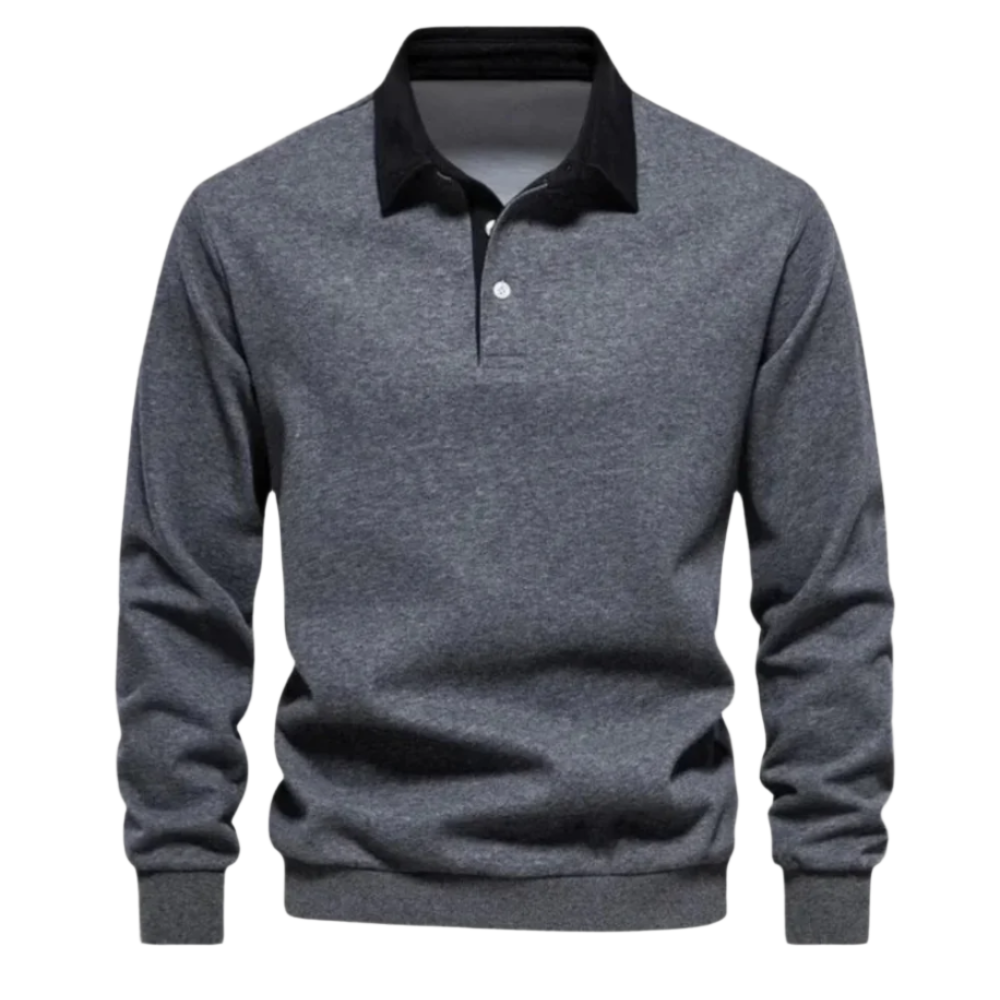 Comoda polo da uomo a maniche lunghe con colletto a contrasto, versatile per ogni occasione casual o formale.