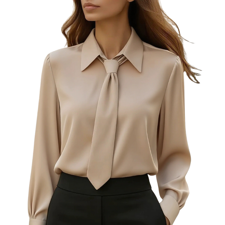 Camicia elegante donna con fiocco e colletto classico. Stile ufficio raffinato. Colori: bianco, nero, rosa, kaki.