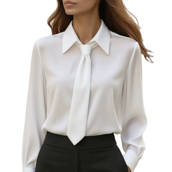 Camicia donna elegante con fiocco, stile classico. Ideale per l'ufficio. Disponibile in bianco, nero, rosa, kaki.