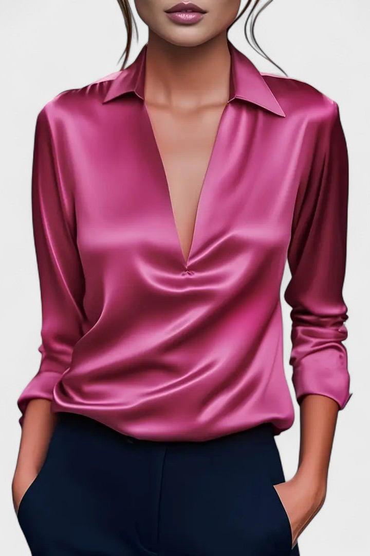 Blusa elegante donna, maniche lunghe e scollo V, perfetta per outfit casual o ufficio.