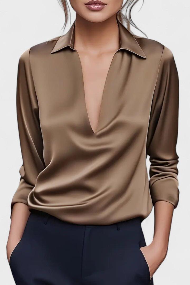 Blusa casual donna a maniche lunghe con scollo V, morbida, confortevole e di tendenza.