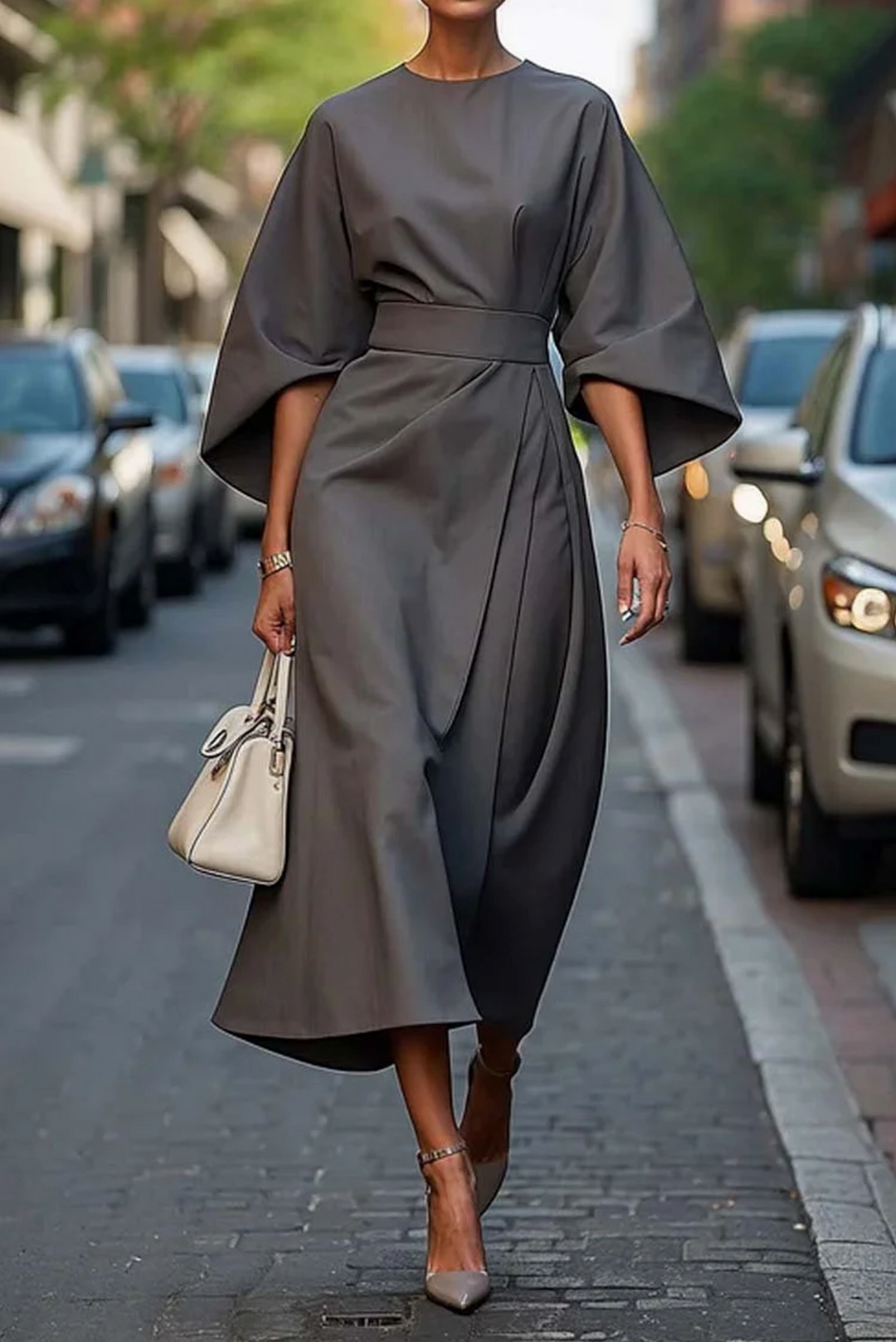 Abito elegante midi da donna, in stile drappeggiato e maniche lunghe. Perfetto per autunno inverno.