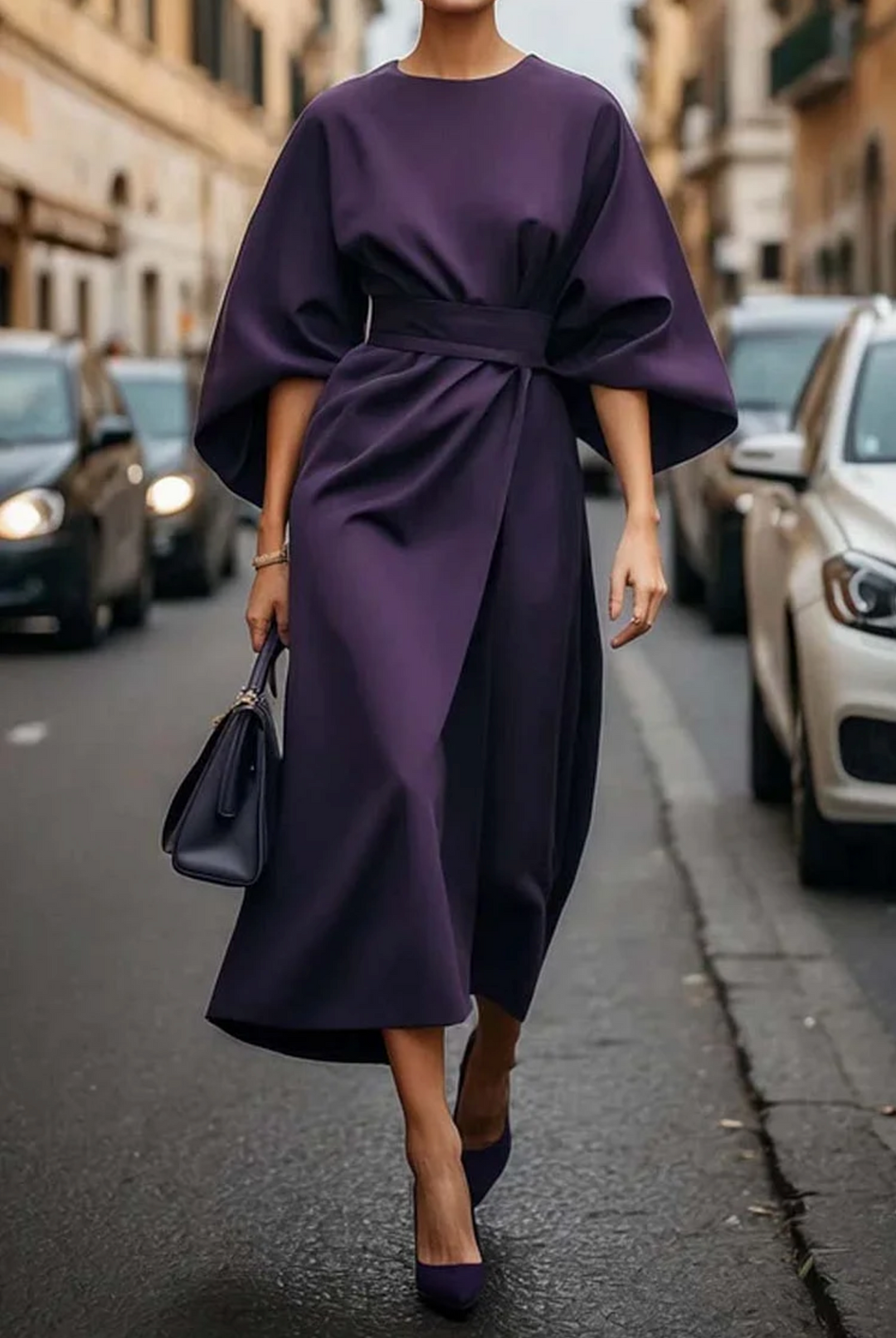Vestito midi elegante drappeggiato, maniche lunghe, per un look donna sofisticato e comodo in ufficio.