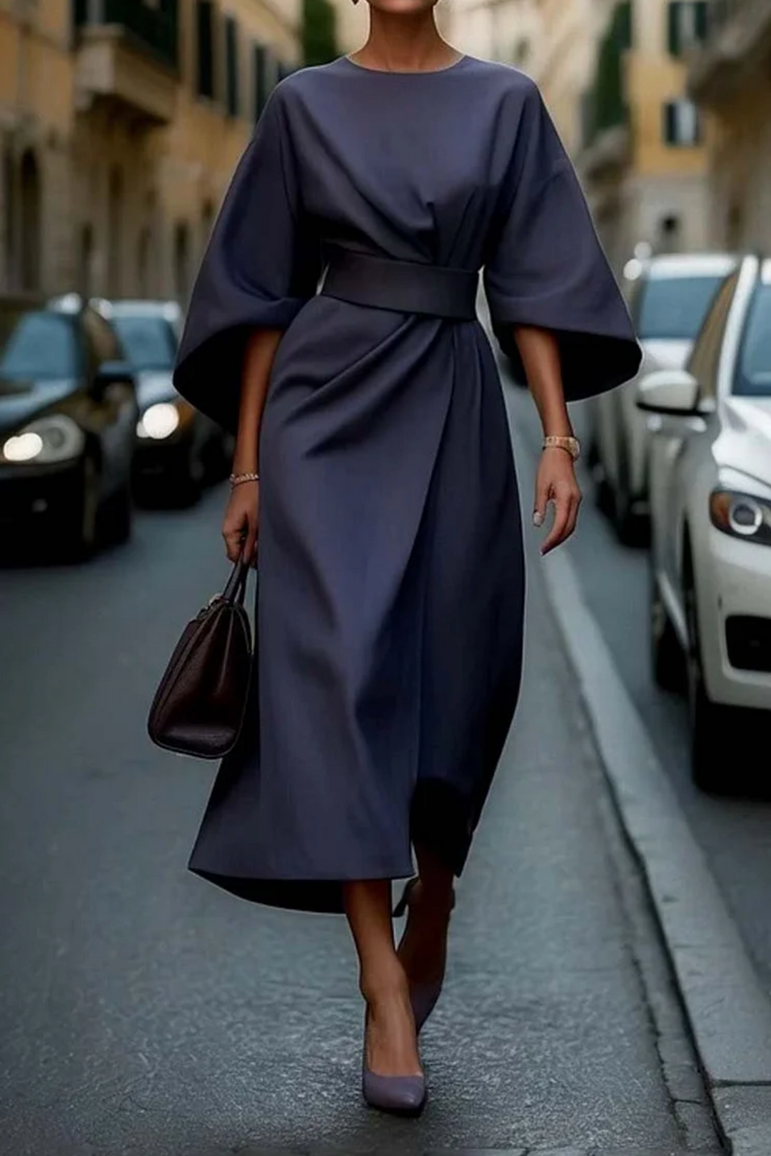 Vestito midi donna elegante drappeggiato a maniche lunghe, perfetto per look autunno inverno o ufficio.