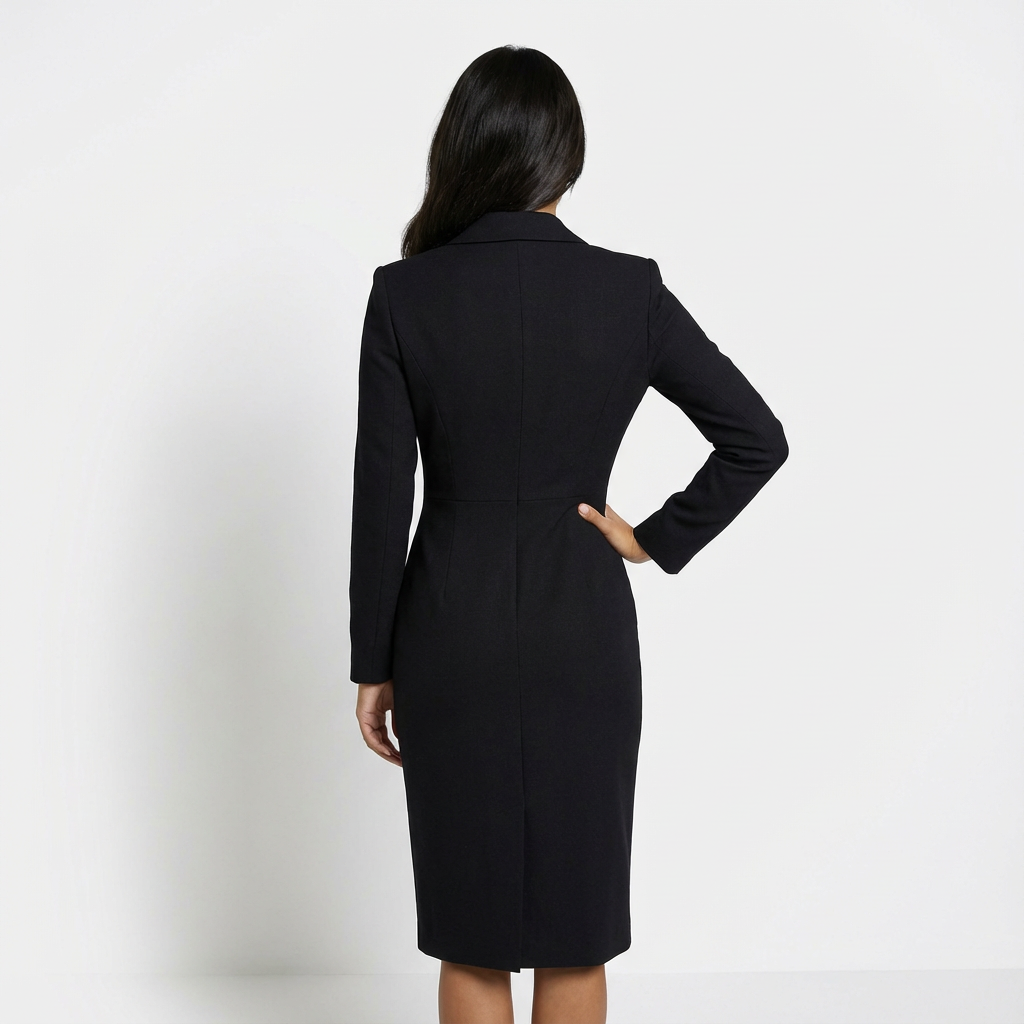 Abito midi donna elegante, maniche lunghe, revers a punta. Versatile per ufficio e outfit casual eleganti.
