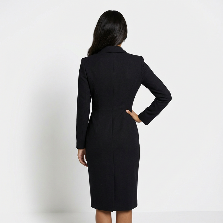 Abito midi donna elegante, maniche lunghe, revers a punta. Versatile per ufficio e outfit casual eleganti.