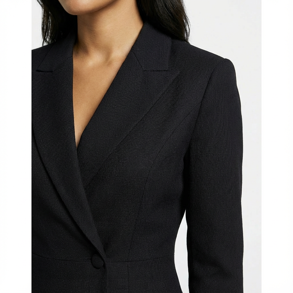 Elegante vestito donna sagomato, revers a punta, maniche lunghe. Perfetto per un look professionale e raffinato.