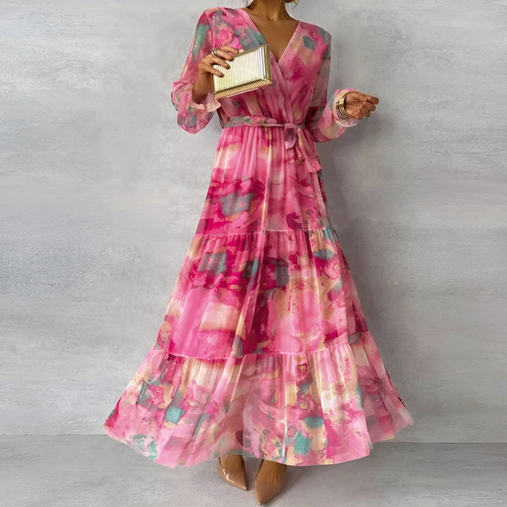Vestito floreale donna, midi pieghettato, per serate speciali e cerimonie estive.