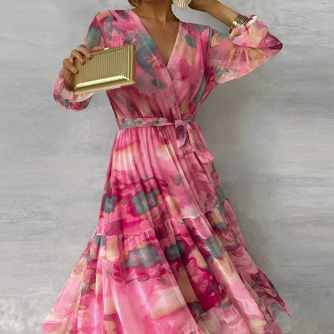 Vestito da festa donna, floreale e pieghettato, lunghezza midi, per matrimoni e occasioni eleganti.