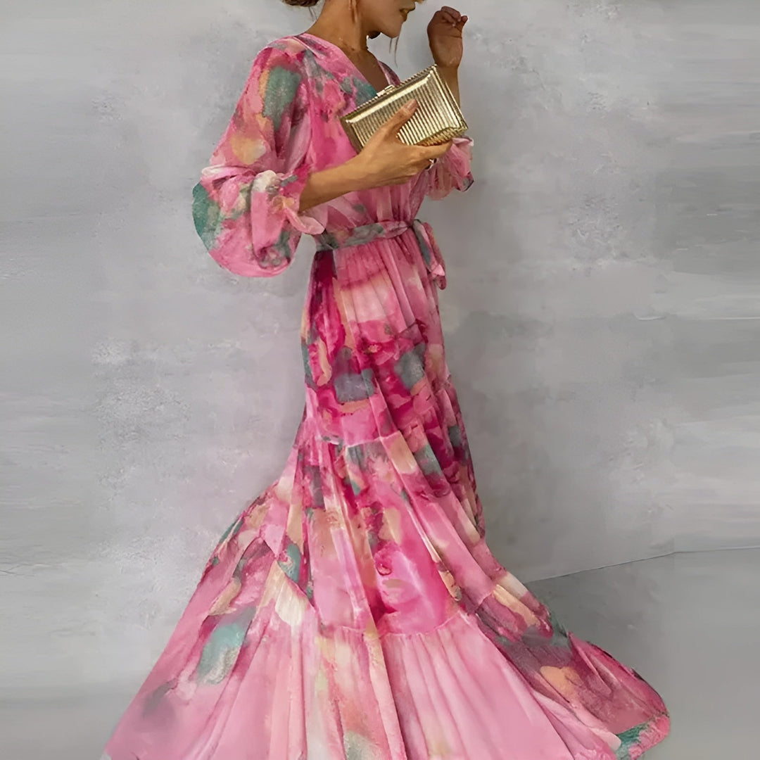 Elegante vestito midi floreale da donna, con pieghe, ideale per eventi formali e feste.