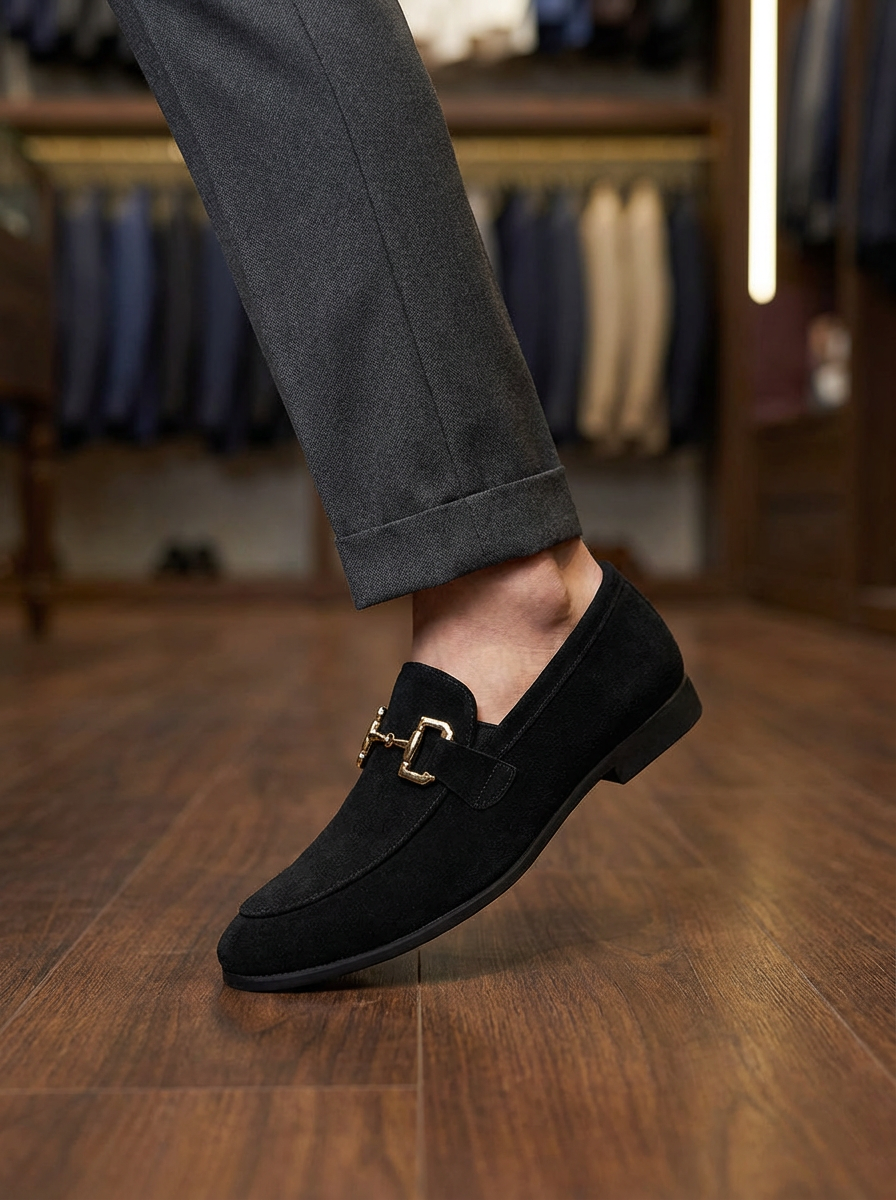 Mocassini slip-on uomo neri, morbidi e confortevoli, con morso metallico per uno stile duraturo.