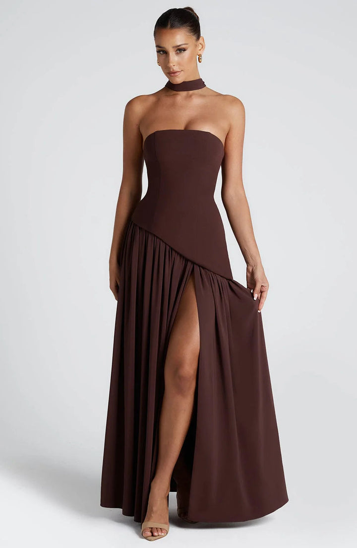 Abito lungo donna elegante per cerimonia o sera. Spacco seducente, spalline scoperte. Ideale primavera estate.