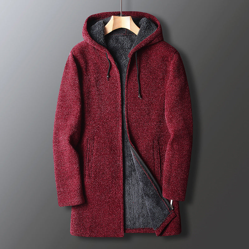 Giacca lunga da uomo casual con cappuccio, ideale per abbigliamento invernale caldo e alla moda.