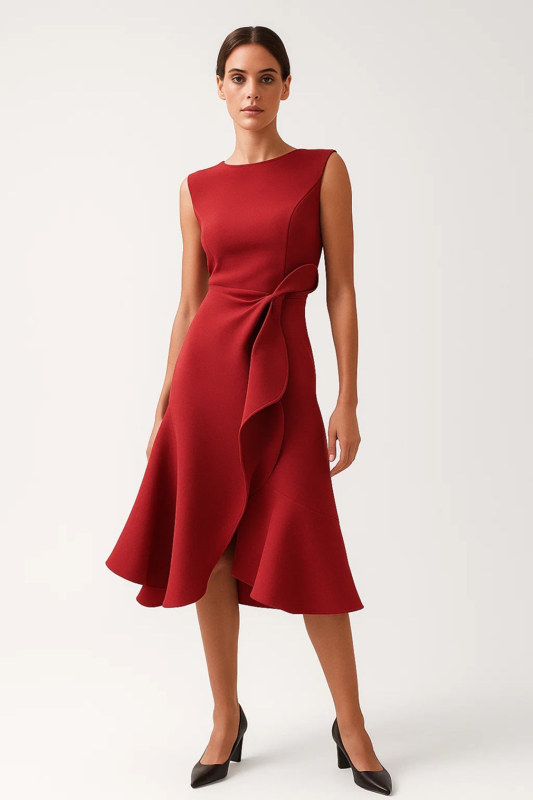 Vestito midi donna elegante a portafoglio, con scollo a barchetta e taglio fluido, perfetto per la primavera estate.