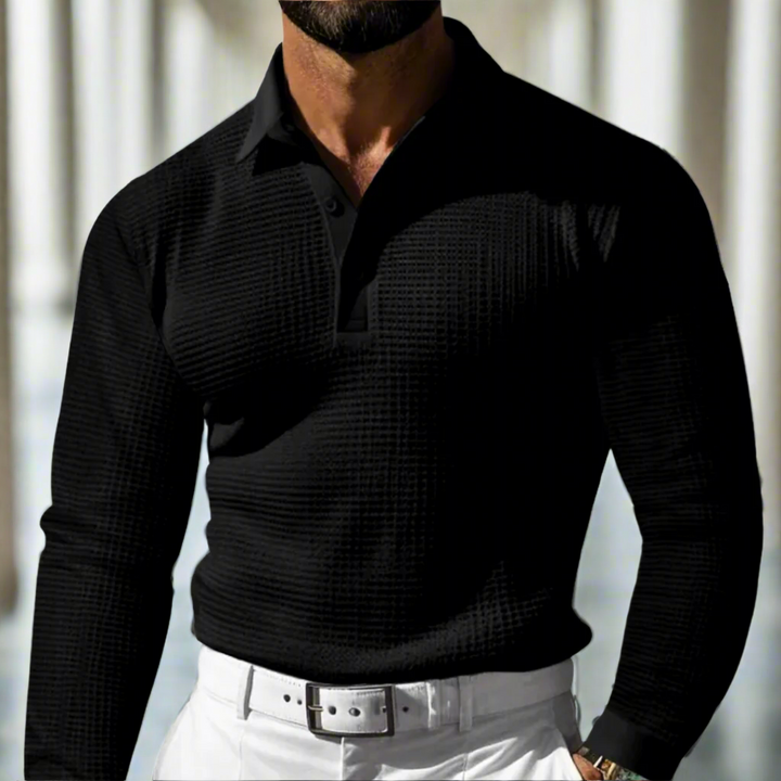 Polo uomo versatile in maglieria con zip, perfetta per outfit moda casual elegante autunno-inverno.