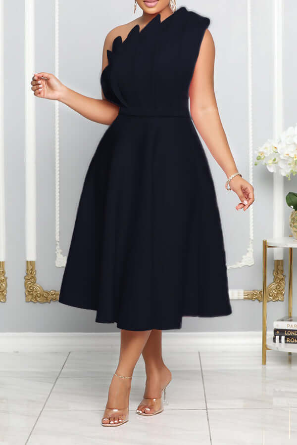 Elegante vestito midi donna monospalla blu navy, ideale per cerimonie e serate speciali.