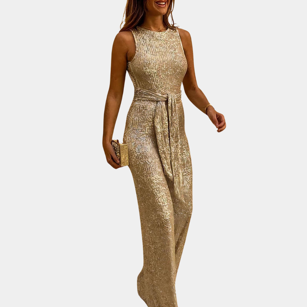 Elegante tuta donna con paillettes per outfit da cerimonia, serate speciali o matrimonio. Glamour e scintillante.