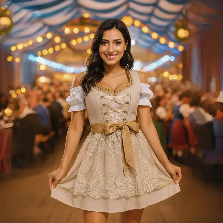 Dirndl autunnale donna per Oktoberfest, abito tradizionale elegante con ricami sul corpetto e dettagli raffinati.